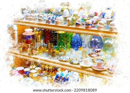 Watercolor art Colorful traditional and souvenir handmade glassware footage from Mısır bazaar stand, shopping in a bazaar, watercolor painting arcade market stands, tea and coffee cups