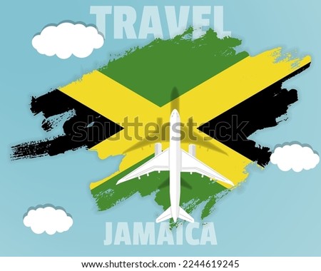 Traveling to Jamaica, top view passenger plane on Jamaica flag with clouds and weather, country tourism banner idea, vector design, brush splash
