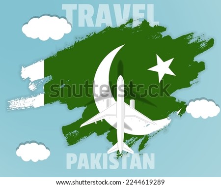 Traveling to Pakistan, top view passenger plane on Pakistan flag with clouds and weather, country tourism banner idea, vector design, brush splash