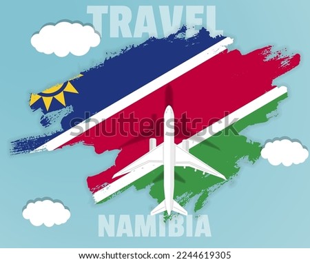 Traveling to Namibia, top view passenger plane on Namibia flag with clouds and weather, country tourism banner idea, vector design, brush splash