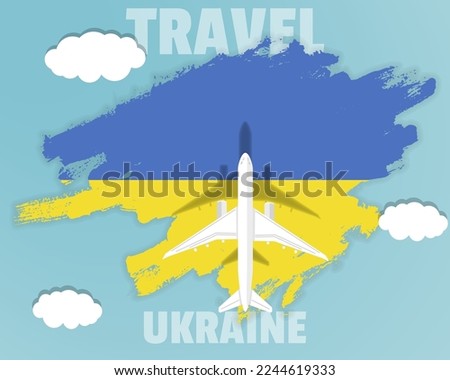 Traveling to Ukraine, top view passenger plane on Ukraine flag with clouds and weather, country tourism banner idea, vector design, brush splash