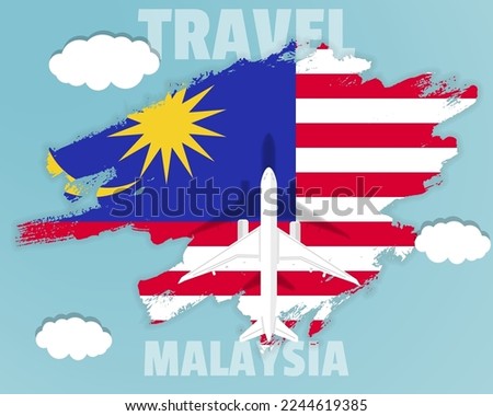 Traveling to Malaysia, top view passenger plane on Malaysia flag with clouds and weather, country tourism banner idea, vector design, brush splash
