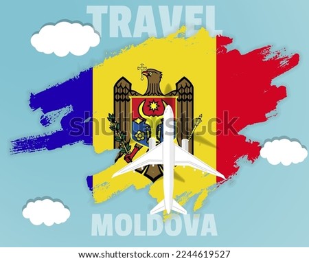 Traveling to Moldova, top view passenger plane on Moldova flag with clouds and weather, country tourism banner idea, vector design, brush splash