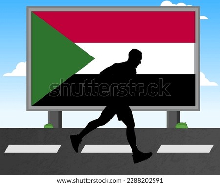 Running man silhouette with Sudan flag on billboard, olympic games or marathon competition concept, male racing idea, running race in Sudan hoarding or banner for news, jogger athlete