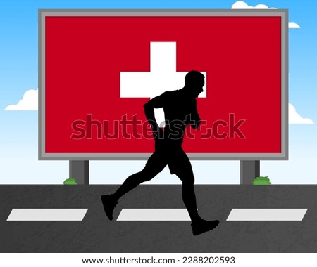 Running man silhouette with Switzerland flag on billboard, olympic games or marathon competition concept, male racing idea, running race in Switzerland hoarding or banner for news, jogger athlete
