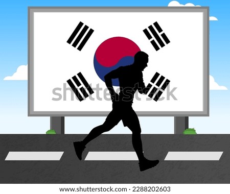 Running man silhouette with South Korea flag on billboard, olympic games or marathon competition concept, male racing idea, running race in South Korea hoarding or banner for news, jogger athlete