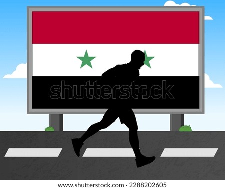 Running man silhouette with Syria flag on billboard, olympic games or marathon competition concept, male racing idea, running race in Syria hoarding or banner for news, jogger athlete