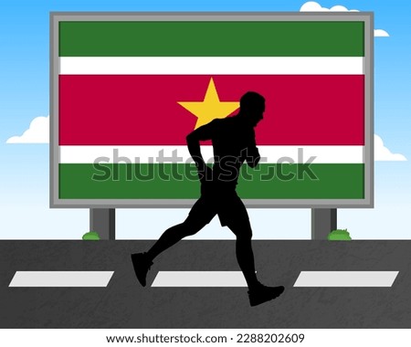 Running man silhouette with Suriname flag on billboard, olympic games or marathon competition concept, male racing idea, running race in Suriname hoarding or banner for news, jogger athlete