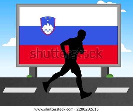 Running man silhouette with Slovenia flag on billboard, olympic games or marathon competition concept, male racing idea, running race in Slovenia hoarding or banner for news, jogger athlete