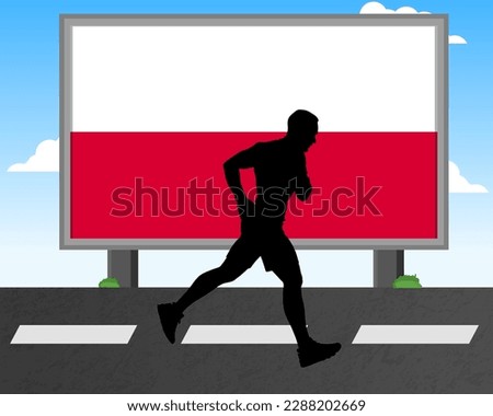 Running man silhouette with Poland flag on billboard, olympic games or marathon competition concept, male racing idea, running race in Poland hoarding or banner for news, jogger athlete
