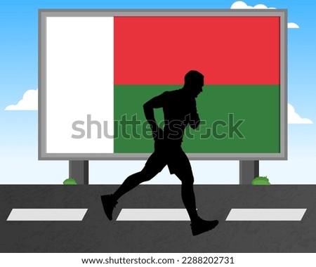 Running man silhouette with Madagascar flag on billboard, olympic games or marathon competition concept, male racing idea, running race in Madagascar hoarding or banner for news, jogger athlete