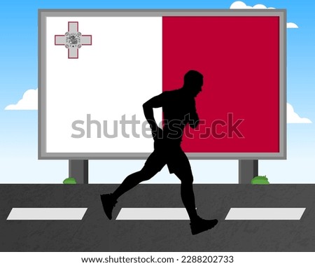 Running man silhouette with Malta flag on billboard, olympic games or marathon competition concept, male racing idea, running race in Malta hoarding or banner for news, jogger athlete