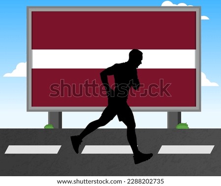 Running man silhouette with Latvia flag on billboard, olympic games or marathon competition concept, male racing idea, running race in Latvia hoarding or banner for news, jogger athlete