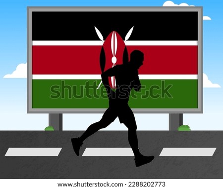 Running man silhouette with Kenya flag on billboard, olympic games or marathon competition concept, male racing idea, running race in Kenya hoarding or banner for news, jogger athlete