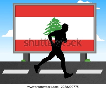 Running man silhouette with Lebanon flag on billboard, olympic games or marathon competition concept, male racing idea, running race in Lebanon hoarding or banner for news, jogger athlete