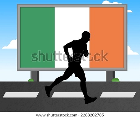 Running man silhouette with Ireland flag on billboard, olympic games or marathon competition concept, male racing idea, running race in Ireland hoarding or banner for news, jogger athlete