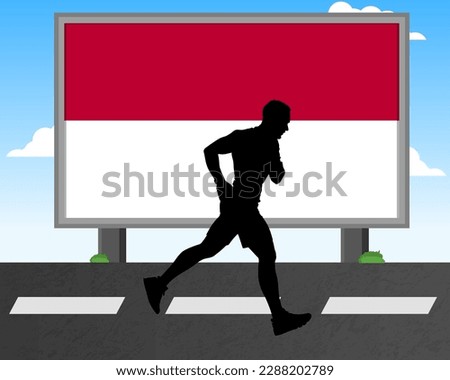 Running man silhouette with Indonesia flag on billboard, olympic games or marathon competition concept, male racing idea, running race in Indonesia hoarding or banner for news, jogger athlete