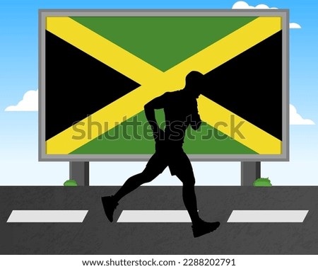 Running man silhouette with Jamaica flag on billboard, olympic games or marathon competition concept, male racing idea, running race in Jamaica hoarding or banner for news, jogger athlete