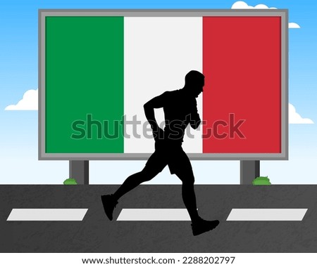 Running man silhouette with Italy flag on billboard, olympic games or marathon competition concept, male racing idea, running race in Italy hoarding or banner for news, jogger athlete