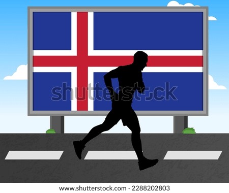 Running man silhouette with Iceland flag on billboard, olympic games or marathon competition concept, male racing idea, running race in Iceland hoarding or banner for news, jogger athlete