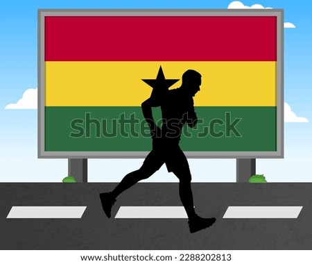 Running man silhouette with Ghana flag on billboard, olympic games or marathon competition concept, male racing idea, running race in Ghana hoarding or banner for news, jogger athlete