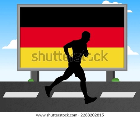 Running man silhouette with Germany flag on billboard, olympic games or marathon competition concept, male racing idea, running race in Germany hoarding or banner for news, jogger athlete