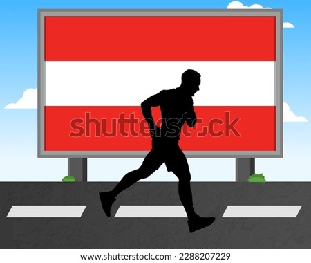 Running man silhouette with Austria flag on billboard, olympic games or marathon competition concept, male racing idea, running race in Austria hoarding or banner for news, jogger athlete