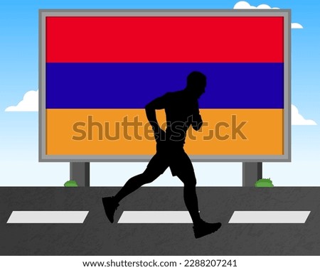 Running man silhouette with Armenia flag on billboard, olympic games or marathon competition concept, male racing idea, running race in Armenia hoarding or banner for news, jogger athlete