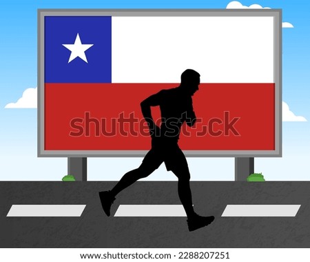 Running man silhouette with Chile flag on billboard, olympic games or marathon competition concept, male racing idea, running race in Chile hoarding or banner for news, jogger athlete