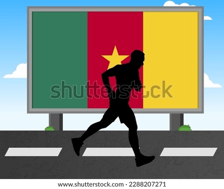 Running man silhouette with Cameroon flag on billboard, olympic games or marathon competition concept, male racing idea, running race in Cameroon hoarding or banner for news, jogger athlete