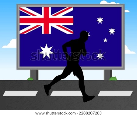 Running man silhouette with Australia flag on billboard, olympic games or marathon competition concept, male racing idea, running race in Australia hoarding or banner for news, jogger athlete