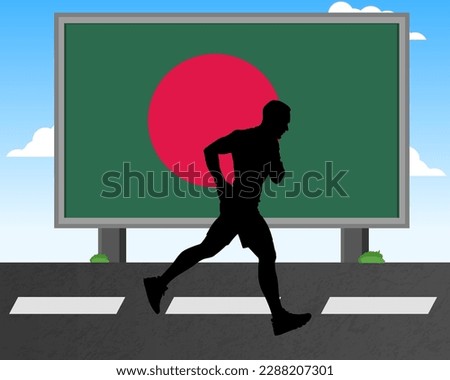 Running man silhouette with Bangladesh flag on billboard, olympic games or marathon competition concept, male racing idea, running race in Bangladesh hoarding or banner for news, jogger athlete