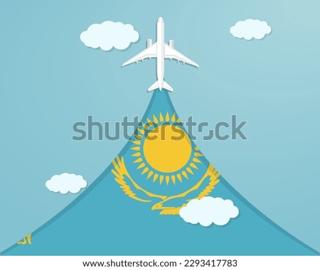 Travel to Kazakhstan by flight, destination concept, vacation in Kazakhstan, plane vector design, paper cut effect with blue sky and airplane, summer trip idea, country tourism banner
