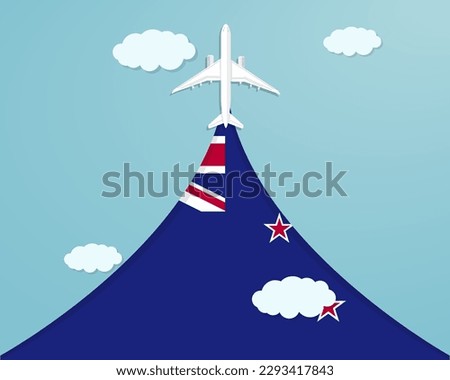 Travel to New Zealand by flight, destination concept, vacation in New Zealand, plane vector design, paper cut effect with blue sky and airplane, summer trip idea, country tourism banner