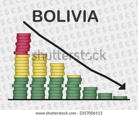 Bolivia economic collapse, decreasing values with coins, crisis and downgrade concept, Bolivia flag with changes, falling arrow, news banner idea, fail and decrease, financial decline