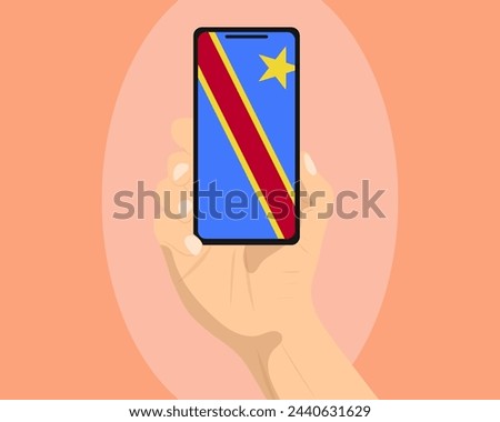 Congo Democratic Republic flag on mobile phone screen, holding smartphone, advertising social media or banner concept, Congo Democratic Republic flag showing on phone screen, technology news idea
