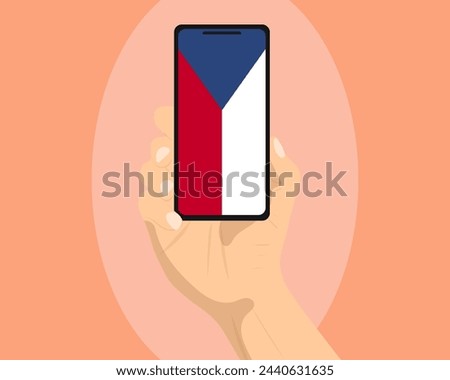 Czech Republic flag on mobile phone screen, holding smartphone, advertising social media or banner concept, Czech Republic flag showing on phone screen, technology news idea
