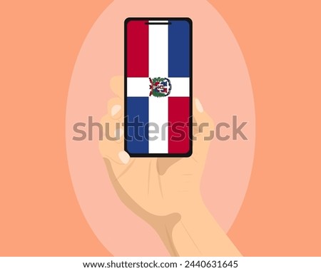 Dominican Republic flag on mobile phone screen, holding smartphone, advertising social media or banner concept, Dominican Republic flag showing on phone screen, technology news idea