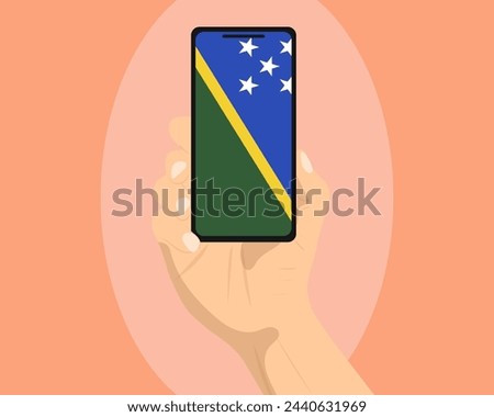 Solomon Island flag on mobile phone screen, holding smartphone, advertising social media or banner concept, Solomon Island flag showing on phone screen, technology news idea