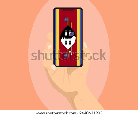 Swaziland flag on mobile phone screen, holding smartphone, advertising social media or banner concept, Swaziland flag showing on phone screen, technology news idea