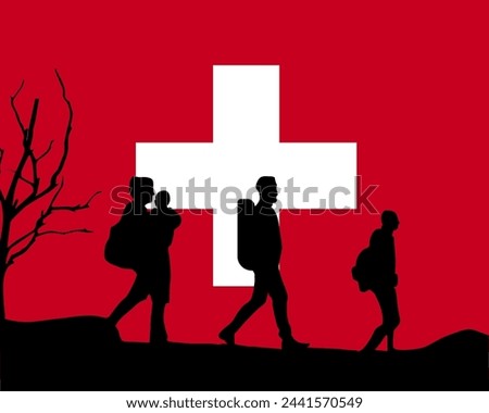 Immigration and refugees front of Switzerland flag, immigrant and refugee concept, Switzerland immigrants, refugee day, freedom and human rights idea, poverty and illegal immigrants