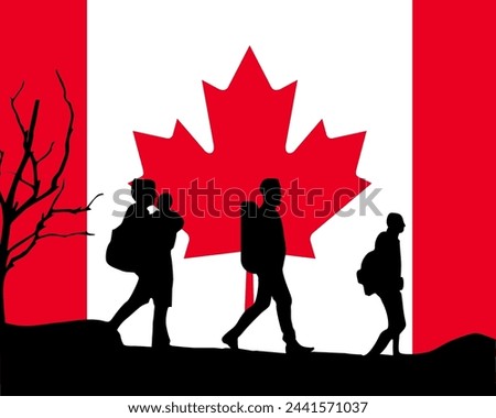Immigration and refugees front of Canada flag, immigrant and refugee concept, Canada immigrants, refugee day, freedom and human rights idea, poverty and illegal immigrants