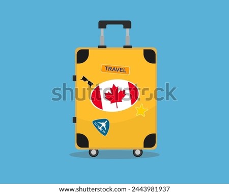 Suitcase or baggage with Canada flag, holiday and vacation idea, travel to Canada, vector suitcase design, travel abroad, tourism and trip concept, baggage with stickers