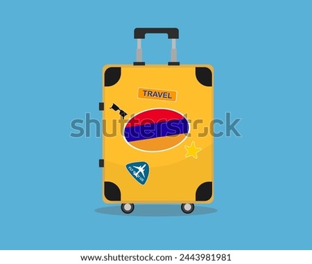Suitcase or baggage with Armenia flag, holiday and vacation idea, travel to Armenia, vector suitcase design, travel abroad, tourism and trip concept, baggage with stickers