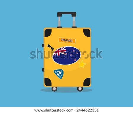 Suitcase or baggage with New Zealand flag, holiday and vacation idea, travel to New Zealand, vector suitcase design, travel abroad, tourism and trip concept, baggage with stickers