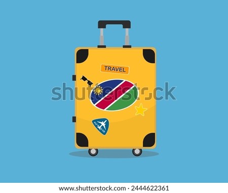 Suitcase or baggage with Namibia flag, holiday and vacation idea, travel to Namibia, vector suitcase design, travel abroad, tourism and trip concept, baggage with stickers