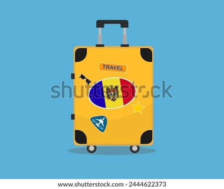 Suitcase or baggage with Moldova flag, holiday and vacation idea, travel to Moldova, vector suitcase design, travel abroad, tourism and trip concept, baggage with stickers