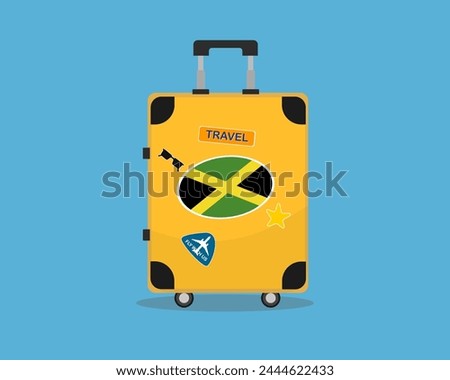 Suitcase or baggage with Jamaica flag, holiday and vacation idea, travel to Jamaica, vector suitcase design, travel abroad, tourism and trip concept, baggage with stickers