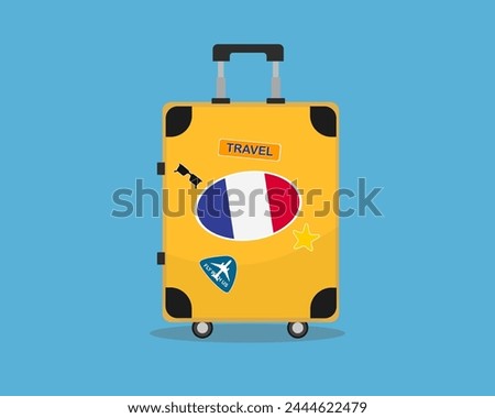 Suitcase or baggage with France flag, holiday and vacation idea, travel to France, vector suitcase design, travel abroad, tourism and trip concept, baggage with stickers