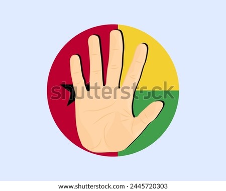 Guinea Bissau flag with hand stop sign, protest and human rights idea, vector design, protest in Guinea Bissau, restriction or banned emblem, violation of freedom of expression, stop war